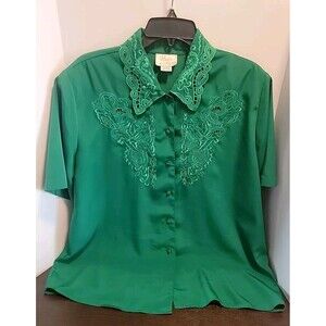 Vintage Kelly Green Voir Shirt Womans Size 18W Embroidered Front And Collar